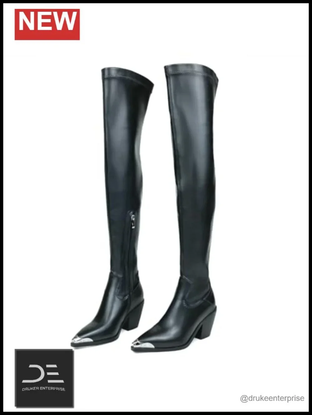 Faux Leather Pointed Toe Chunky Heel Thigh High Boots Side Zipper